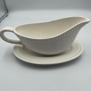 Pizzato Hand Made Beaded Edge Italian Ceramic Gravy Boat & Plate White